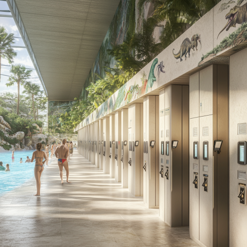 Photorealistic image of RFID lockers with dinosaur murals. Photorealistic image of RFID lockers with dinosaur murals.