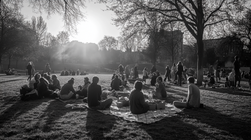 Picnic in Antwerp park, people relaxing around campfire.