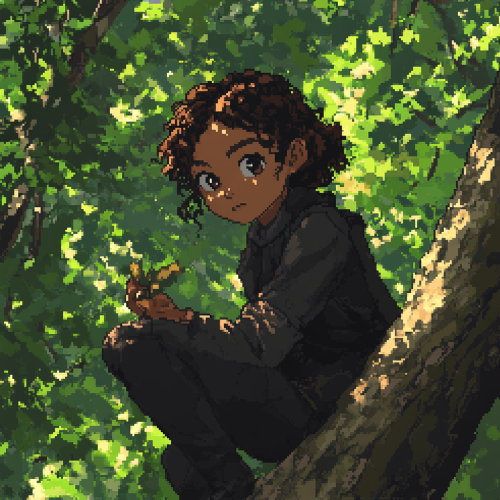 Pixelated Nintendo DS art of small girl Rue in 74th Hunger Games arena.