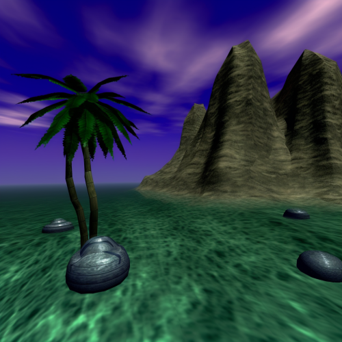 Pixelated glitch art of tropical islands in video game.