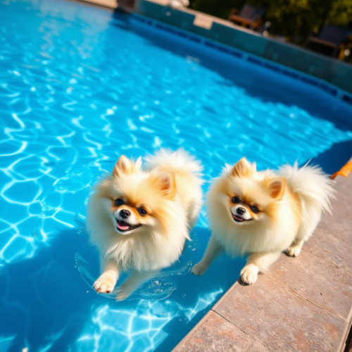 Pomeranians Having Fun in the Pool