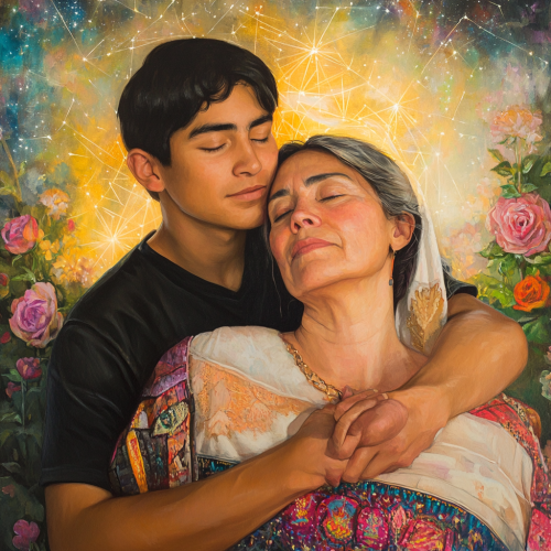 Portrait of Henry Vasquez embracing mother, radiating warmth. Portrait of Henry Vasquez embracing mother, radiating warmth.