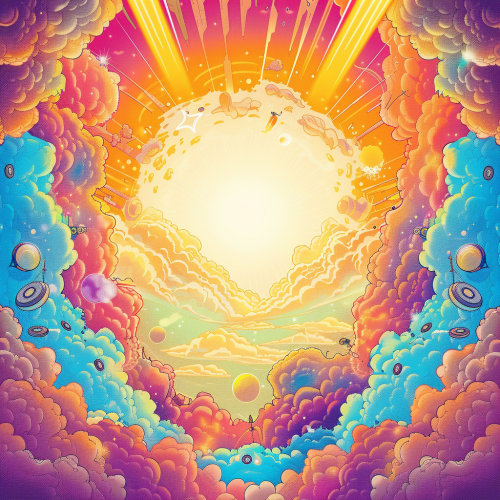 Psytrance festival flyer with DJ equipment in sunny sky. Psytrance festival flyer with DJ equipment in sunny sky.