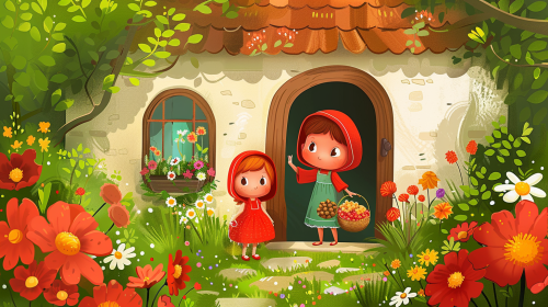 Red Riding Hood with basket says goodbye to mother. Red Riding Hood with basket says goodbye to mother.
