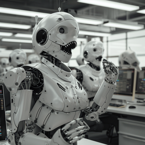 Robot threatens journalists in busy news room.