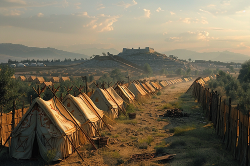 Roman camp on hill between mountains, legionaries in tents. Roman camp on hill between mountains, legionaries in tents.