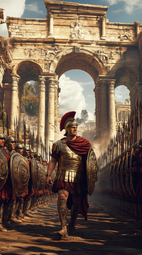 Roman leader with soldiers and architecture in background. Roman leader with soldiers and architecture in background.