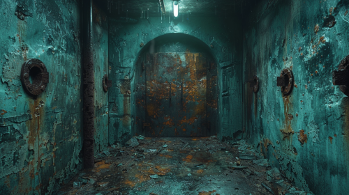 Rusted metal doors, cracked walls, broken military equipment, eerie.