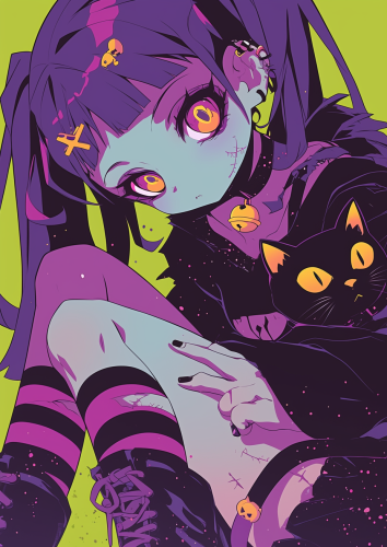 Sad Zombie Goth Girl with Cute Cat, Halloween Scene Sad Zombie Goth Girl with Cute Cat, Halloween Scene