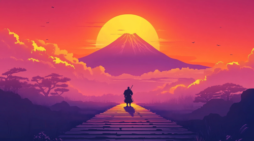 Samurai Below Staircase Leading to Mount Fuji Samurai Below Staircase Leading to Mount Fuji
