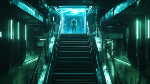 Samus Aran in bio container surrounded by darkness.