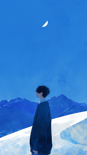 Serene man in blue sweater gazes at moon on mountain. Serene man in blue sweater gazes at moon on mountain.