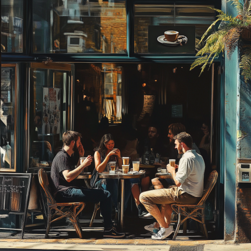 Shoreditch Summer Cafe Scene: People Chatting, Drinking Coffee Shoreditch Summer Cafe Scene: People Chatting, Drinking Coffee