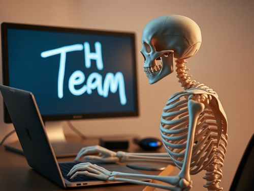 Skeleton looks at TH team on laptop. Skeleton looks at TH team on laptop.