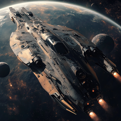 Sleek space gunship with black cloud decals in orbit. Sleek space gunship with black cloud decals in orbit.