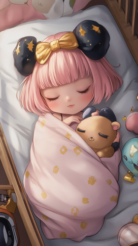 Sleeping Baby Anya in chibi style with Chimera doll. Sleeping Baby Anya in chibi style with Chimera doll.