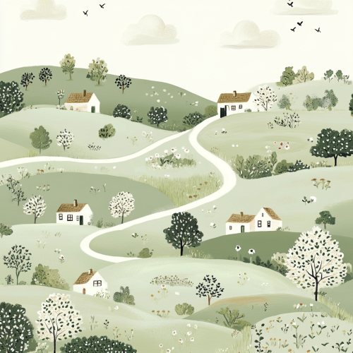 Soft, rolling countryside landscape with quaint houses in pastels. Soft, rolling countryside landscape with quaint houses in pastels.