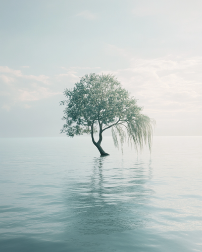 Solitary tree in vast lake, gentle sun backlighting.