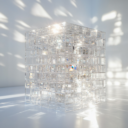 Sparkling Glass Cube with Floating Boxes in White Space Sparkling Glass Cube with Floating Boxes in White Space