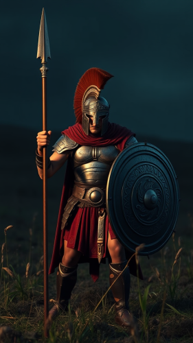 Spartan Warrior with Spear and Shield in Darkness