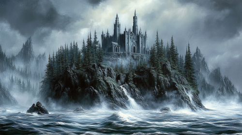 Stormy island with pine forests, mausoleums on icy cliffs. Stormy island with pine forests, mausoleums on icy cliffs.