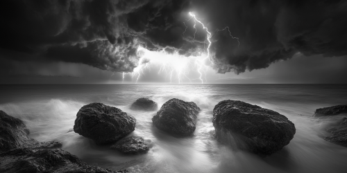 Stormy shoreline with rocks, waves, lightning and reflective pools. Stormy shoreline with rocks, waves, lightning and reflective pools.