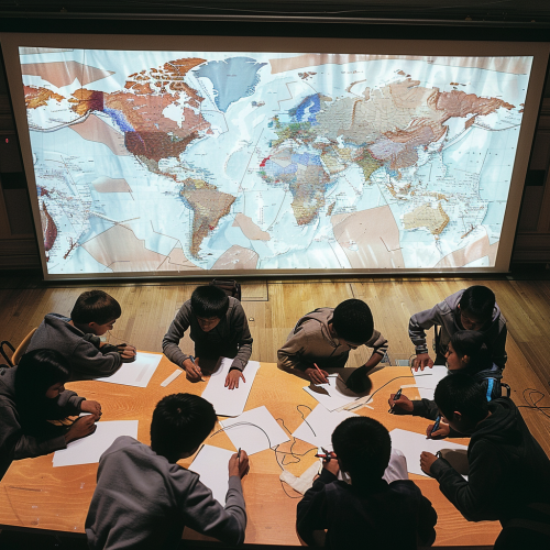 Students drawing maps, comparing them to projected map.