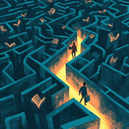 Students lost in maze, one guided by bright book. Students lost in maze, one guided by bright book.