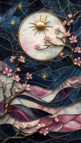 Sun, moon, stars, opal stained glass, cherry blossoms. Sun, moon, stars, opal stained glass, cherry blossoms.