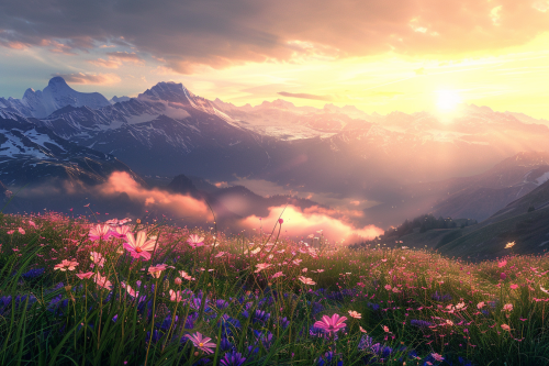 Sunrise over misty mountains, wildflowers, snow-capped peaks, 8K. Sunrise over misty mountains, wildflowers, snow-capped peaks, 8K.