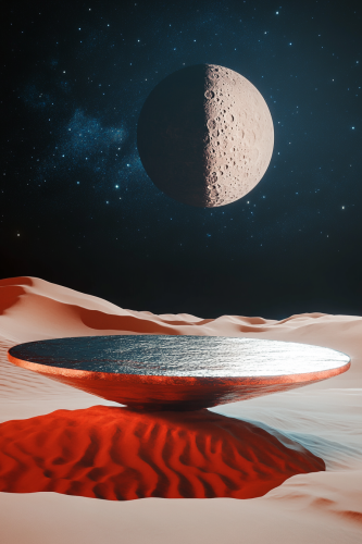Surreal desert platform under moonlight with cosmic background. Surreal desert platform under moonlight with cosmic background.