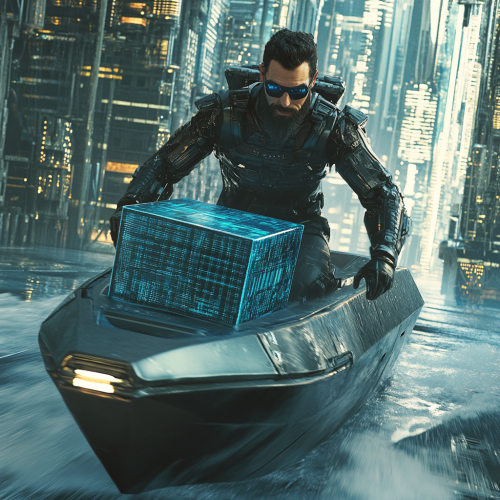 The Man in Cyberpunk Boat with Blue Cube. The Man in Cyberpunk Boat with Blue Cube.