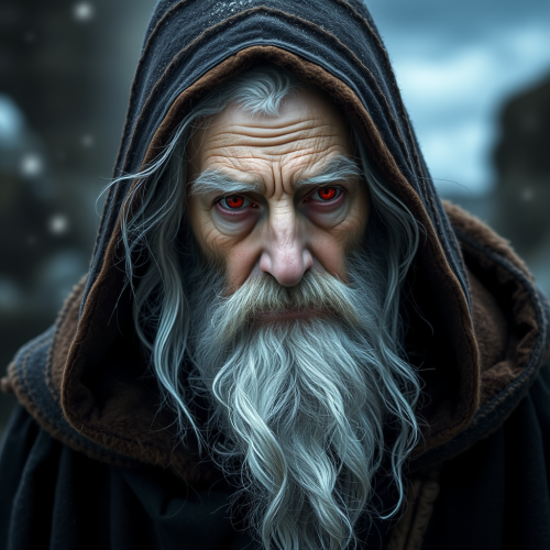 The Old Wizard with Scarlet Eyes and Snowy Hair The Old Wizard with Scarlet Eyes and Snowy Hair