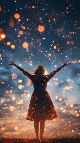 The Woman Embracing Stardust and Glowing Stars The Woman Embracing Stardust and Glowing Stars