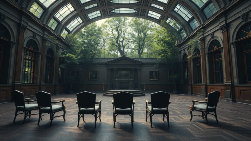 The ancient council room with empty chairs. The ancient council room with empty chairs.
