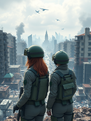Two female soldiers in front of destroyed city. Two female soldiers in front of destroyed city.