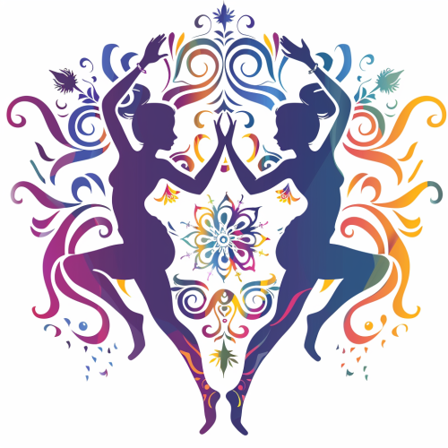 Two figures dancing in a rave with Hindi symbols. Two figures dancing in a rave with Hindi symbols.