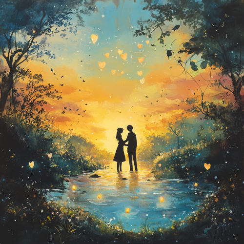 Two figures sharing intimate moment in serene setting. Two figures sharing intimate moment in serene setting.