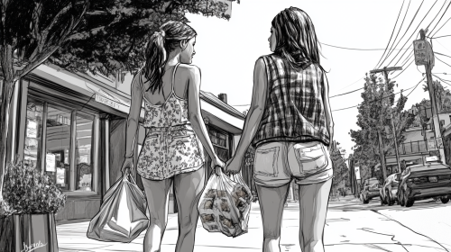 Two friends walking on sidewalk with food bags Two friends walking on sidewalk with food bags