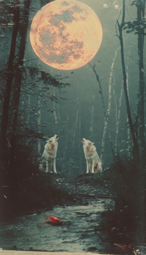 Two white wolves beneath glowing moon in forest scene.