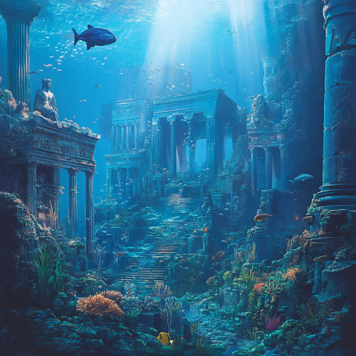 Underwater Atlantis cityscape with Greek ruins, coral-covered statues Underwater Atlantis cityscape with Greek ruins, coral-covered statues