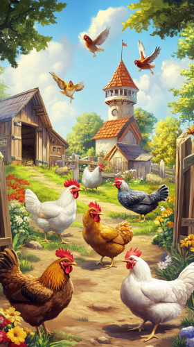 Vibrant poultry on clean farm with bright colors.