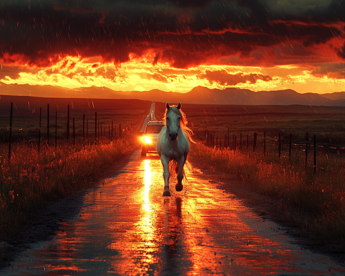 Vivid Colorful Road at Evening with White Horse Vivid Colorful Road at Evening with White Horse