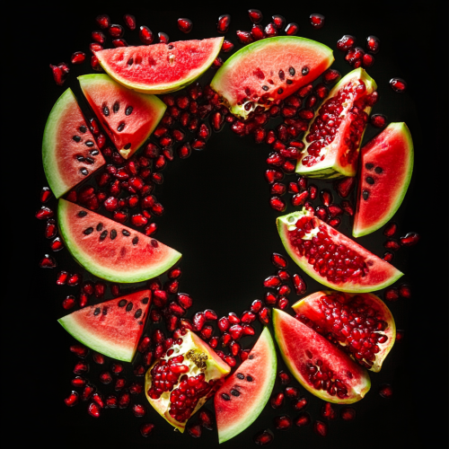 Vivid watermelon and pomegranate slices arranged on background. Vivid watermelon and pomegranate slices arranged on background.