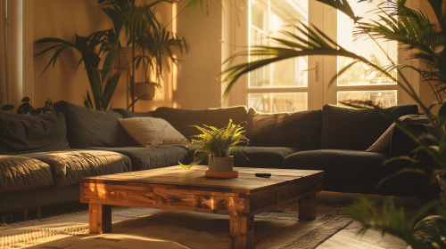Warm living room with dark sectional sofas, wooden table. Warm living room with dark sectional sofas, wooden table.