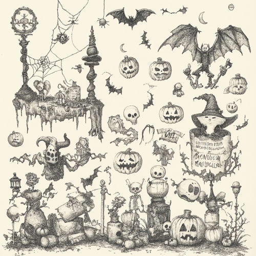 Whimsical Halloween scene with detailed characters and trinkets Whimsical Halloween scene with detailed characters and trinkets