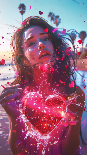 Woman's heart explodes in love-themed mystical explosion, urban background.