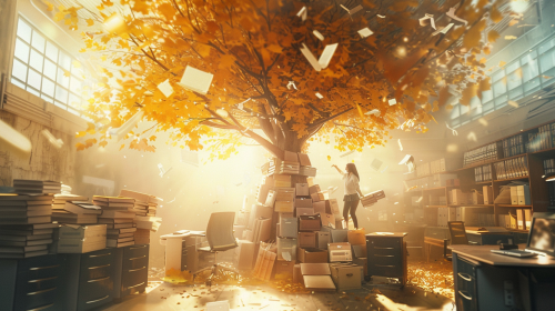 Woman climbing desk tree, golden leaves symbolize success. Woman climbing desk tree, golden leaves symbolize success.