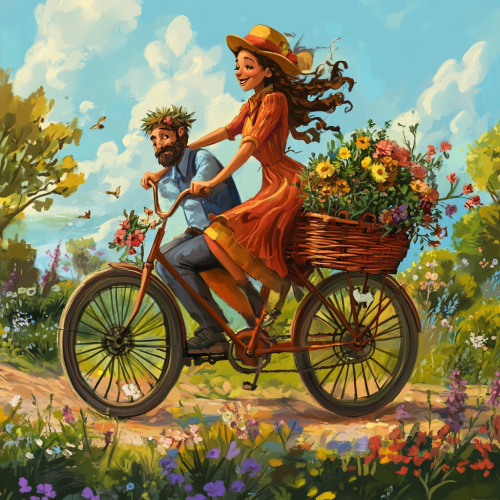 Woman rides bicycle with man in basket full of flowers herbs. Woman rides bicycle with man in basket full of flowers herbs.