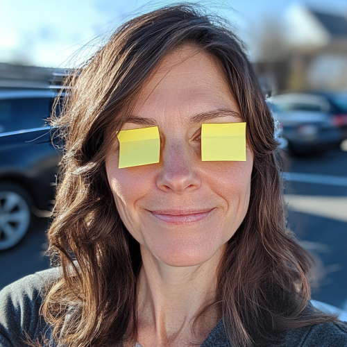 Woman with Post-It Notes Selfie in Manchester Parking Lot Woman with Post-It Notes Selfie in Manchester Parking Lot